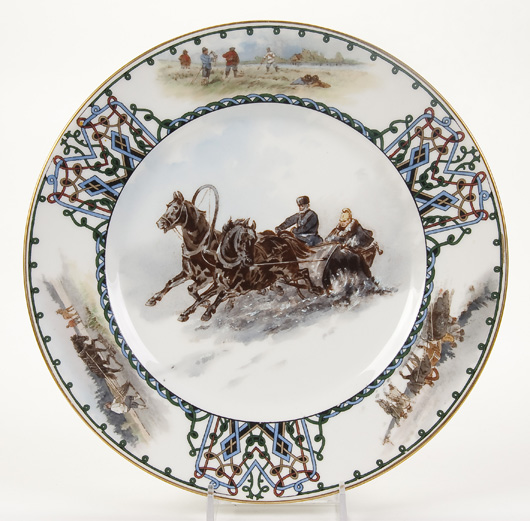This porcelain plate with winter scenes and pan-Slavic strapwork on the border was made circa 1890 by Kornilov Brothers factory for export to Tiffany New York. Although a commercial product, the attractive subject matter took the plate to $4,800 at Jackson’s auction in October.